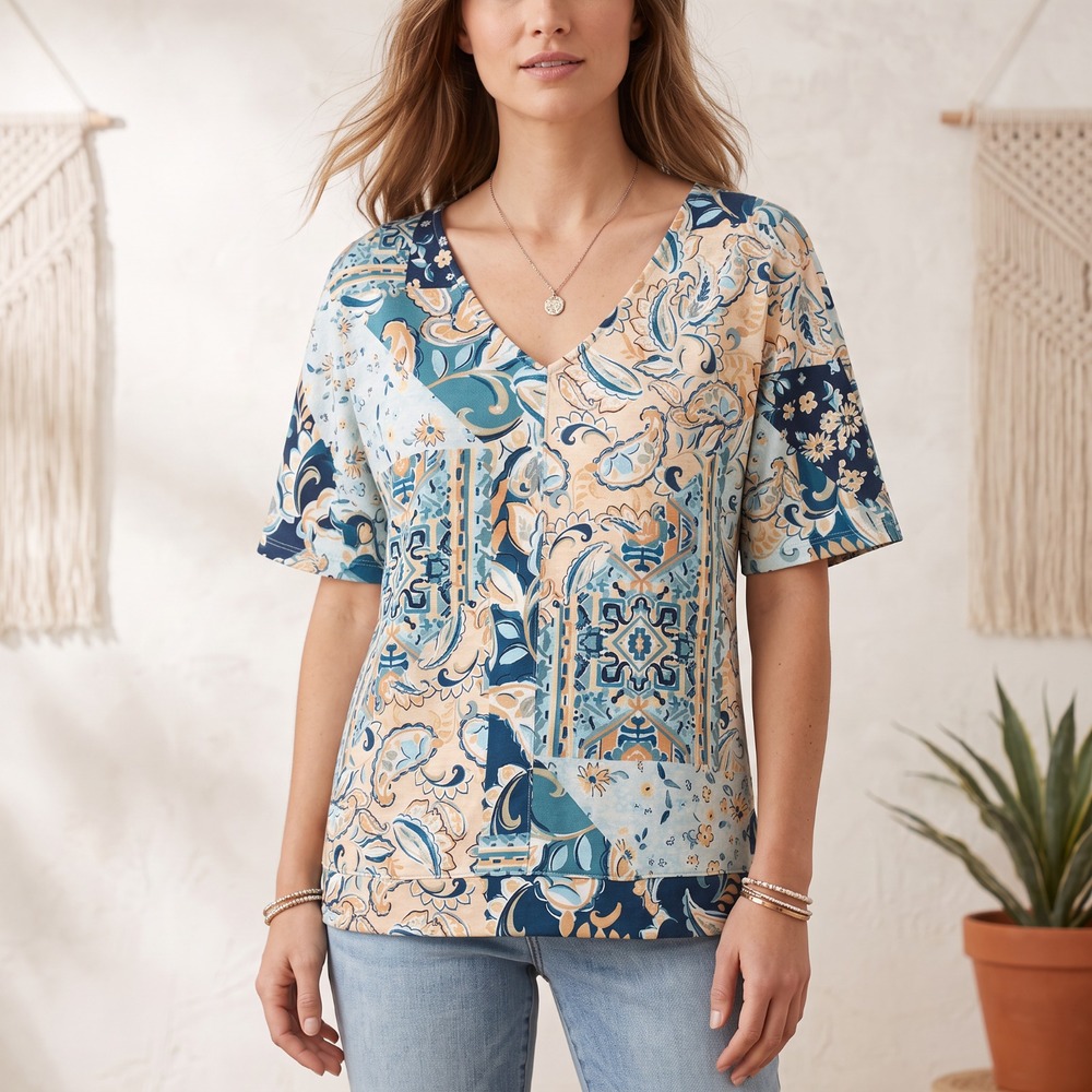 Christopher Banks Boho Chic Paisley Patchwork V-Neck Tee Top Teal Eclectic M
